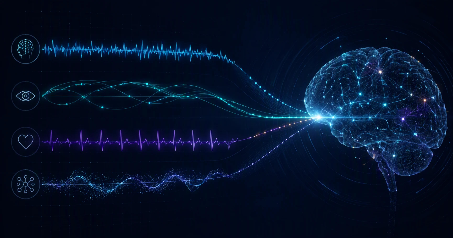 EEG, eye-tracking, cardiac, and motion signals converging into a synchronized neural timeline