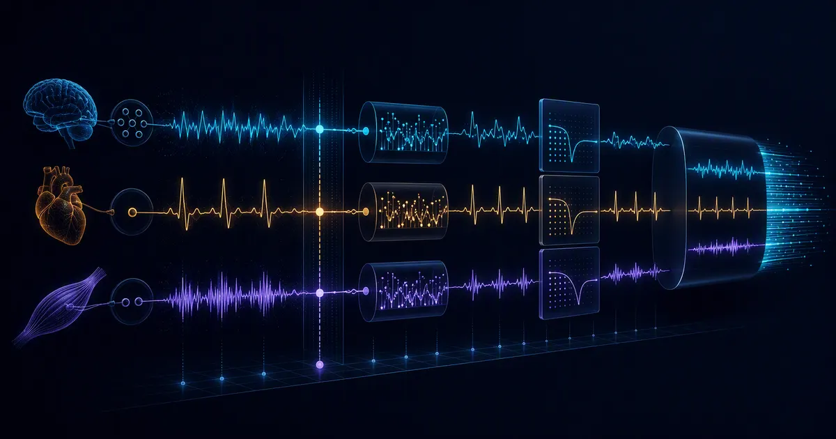 Synchronized EEG, ECG, and EMG waveforms moving through timestamp alignment and filtering stages