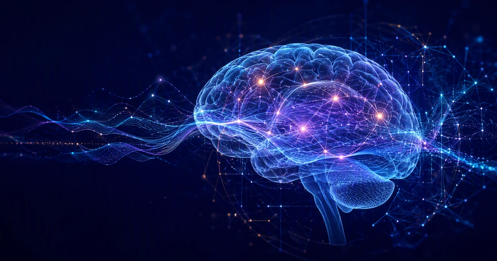 Luminous neural pathways reorganizing around a translucent brain silhouette to represent learning and neuroplasticity